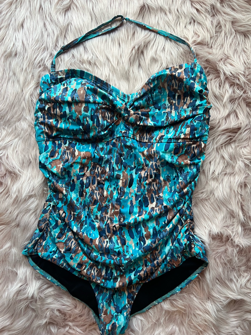 Simon Chang Turquoise Blue Brown Printed One-Piece Swimsuit 16 Plus Size